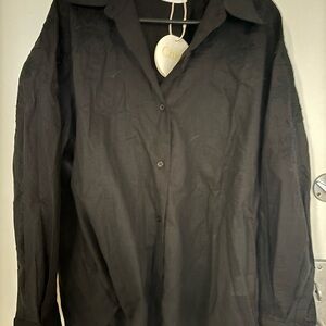 Chloe Black Linen Button-Up Shirt with floral details on shoulders